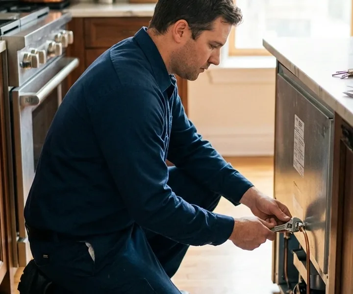 Certified technician repairing the compressor of a built-in Sub-Zero unit